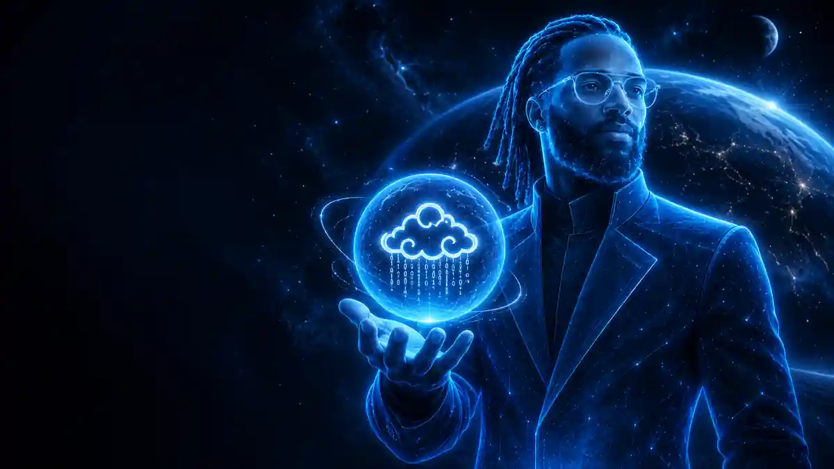 Impralis holographic presence holding an illuminated BlackNimbus cloud orb in a blue planetary environment.