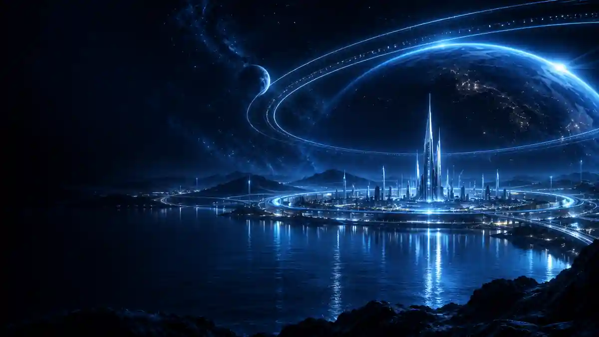 A luminous future city beneath a vast ringed planet, representing the future-state vision around Impralis.